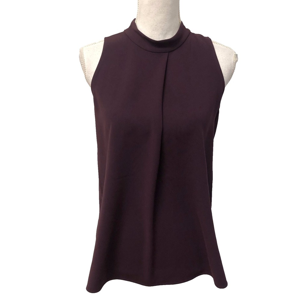 Theory Blouse Tanilza Crepe Womens Small Burgundy Sleeveless Mock Neck Career